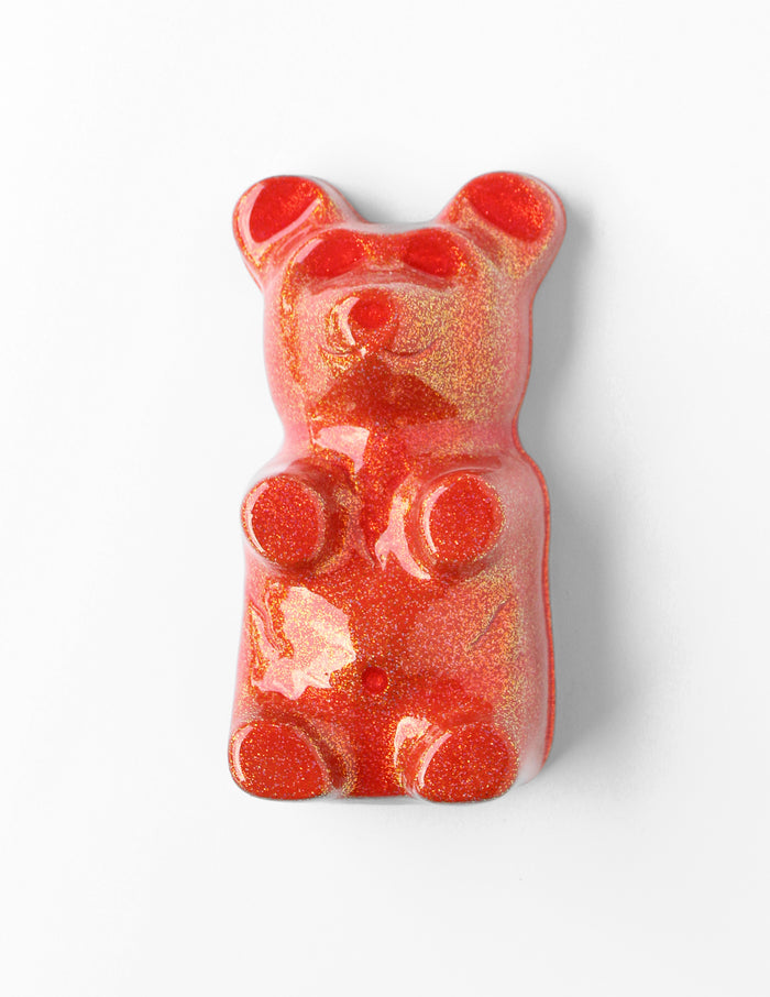 Blood Orange Gummy Bear by Olivia Bonilla — original plaster, automotive paint, and resin sculpture, 5×10×5 in. Midnight Gallery.