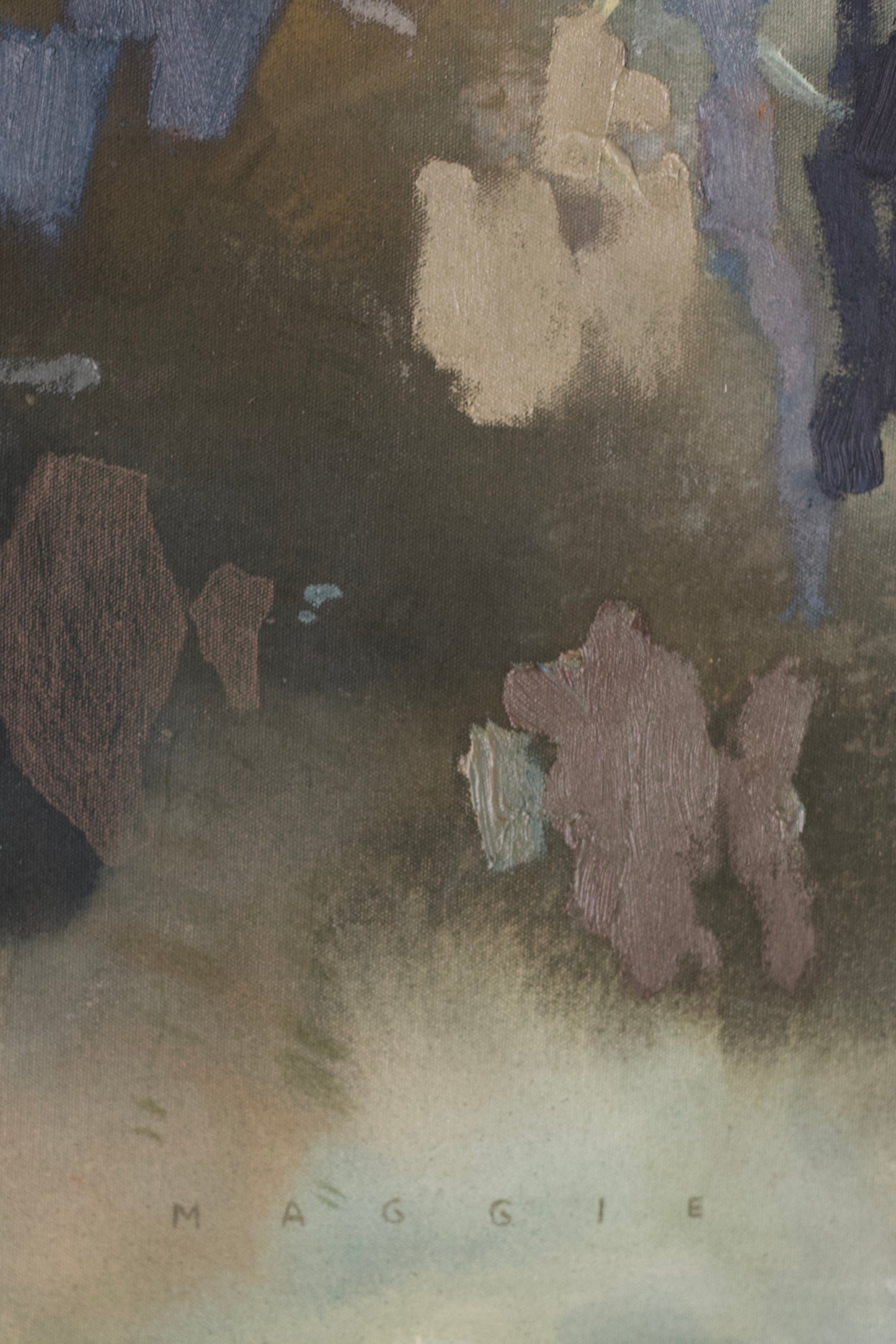 How Do I Find The Color To Communicate №492 by Maggie Macdonald — original acrylic, oil, chalk pastel, oil pastel, graphite, and ink on unprimed canvas, 40×30 in, framed in handmade teak float frame. Midnight Gallery.