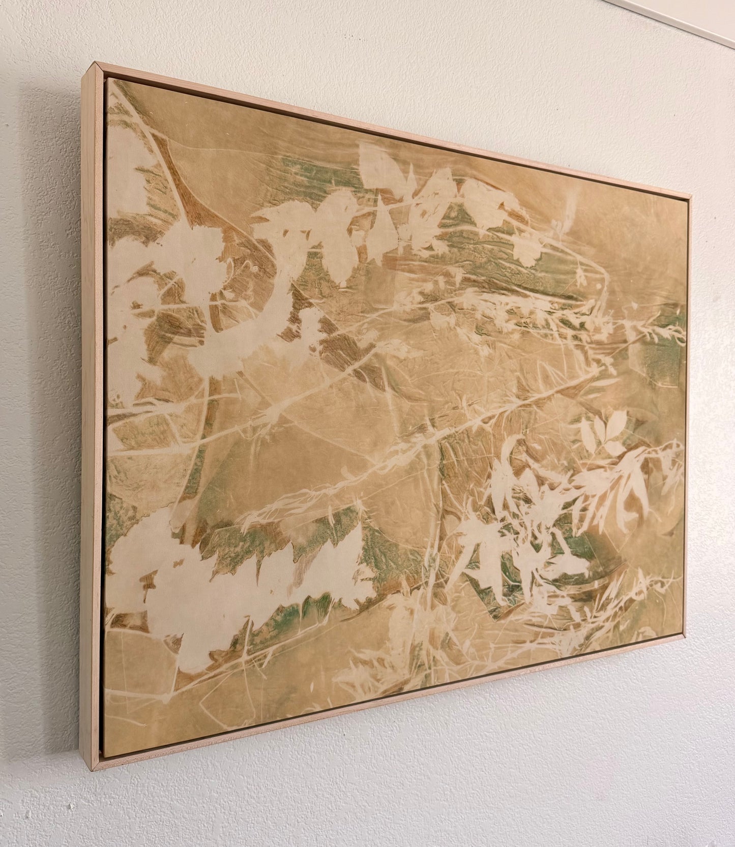 Forever Wild by Kristen Abbott — original cyanotype and mixed media on silk and cradled wood panel, 40×30×2 in, framed. Midnight Gallery.