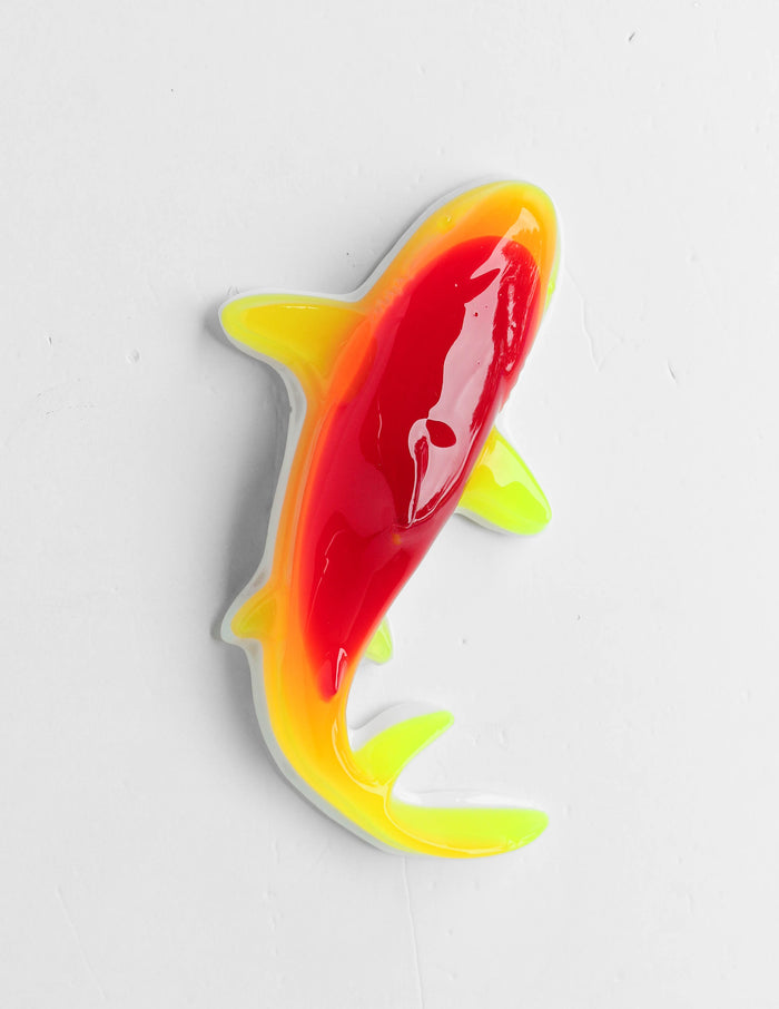 Gummy Shark in Tropical (Red, Orange, Yellow) by Olivia Bonilla — original resin sculpture, 10×6×3 in. Midnight Gallery.