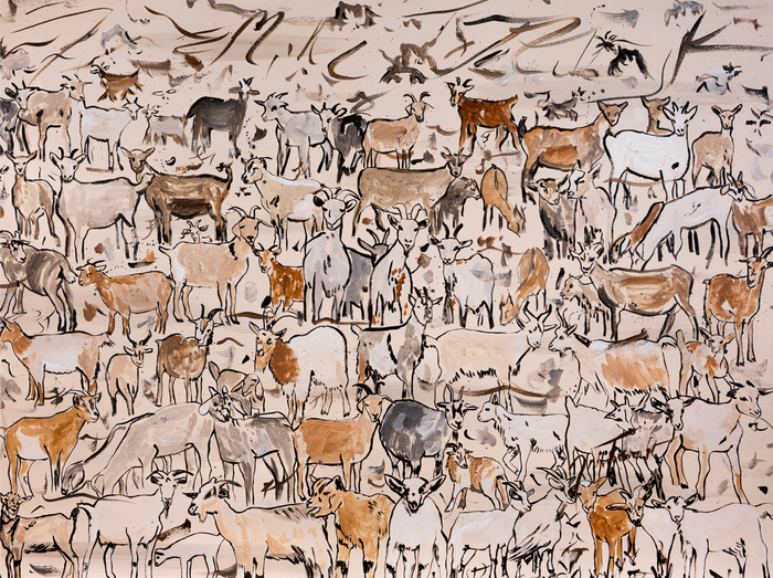 Playful Herd by Jasmine Elizabeth — original acrylic on canvas, 40×30 in, framed. Midnight Gallery.