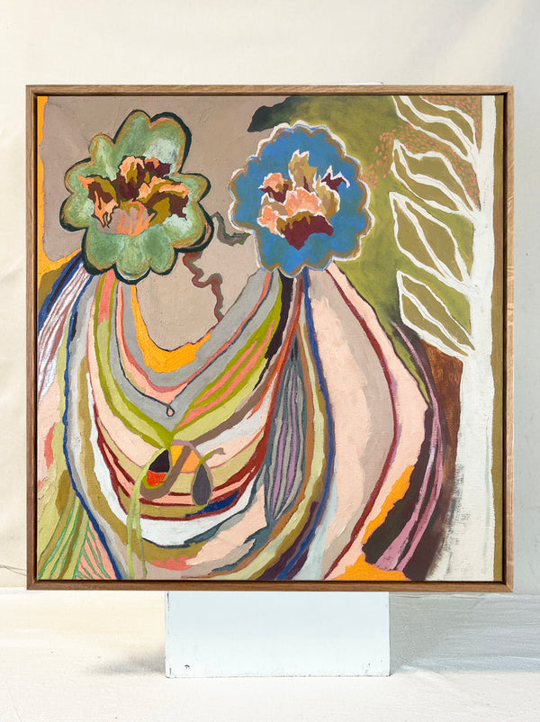 Taproot by Lyric Morris Latchaw — original oil and pastel on canvas, 24×24 in, framed in white oak. Midnight Gallery.