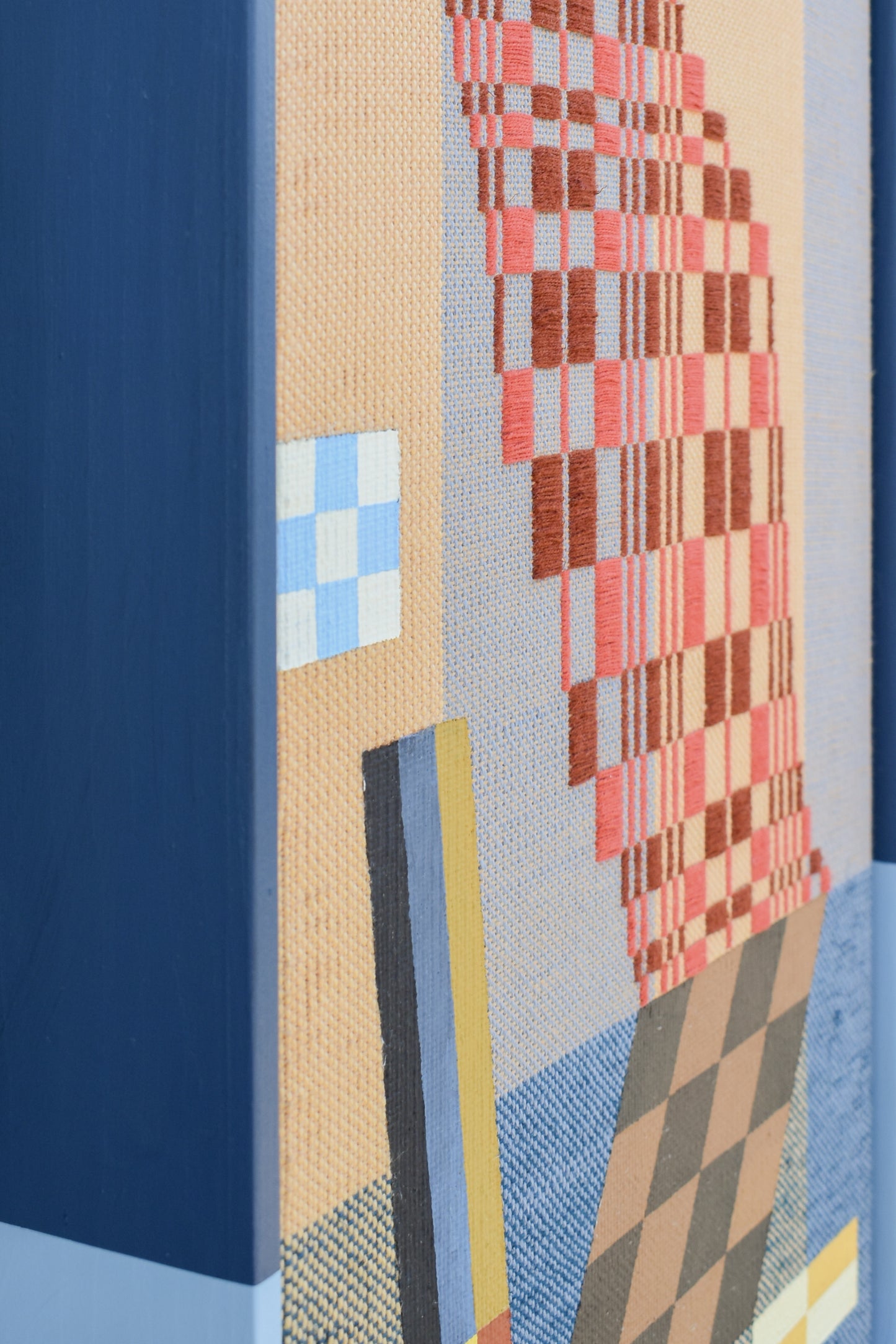 A Bit of a Stretch by Sarah Sullivan Sherrod — original acrylic on handwoven cotton and cotolin, 13×25 in, framed. Midnight Gallery.