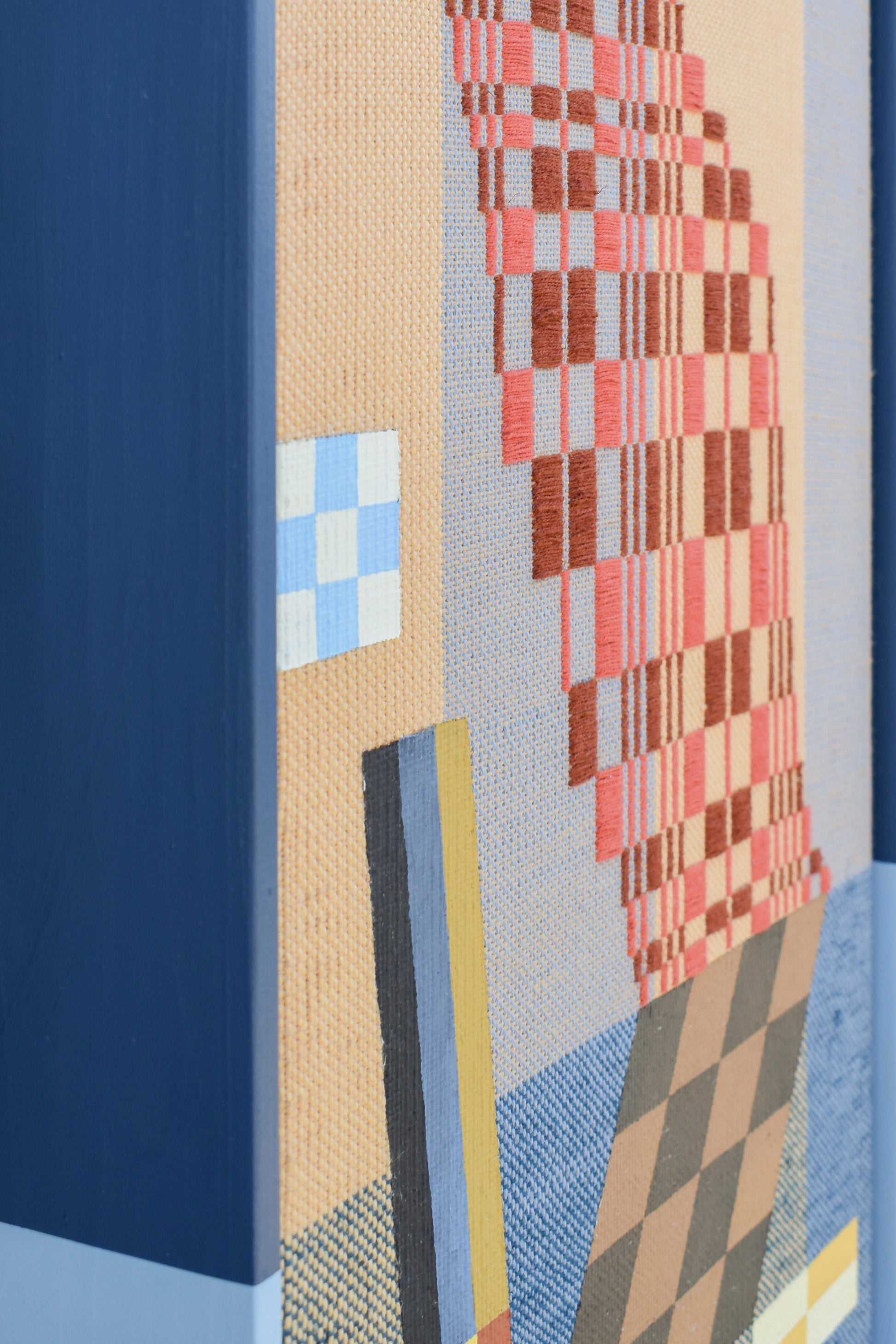 A Bit of a Stretch by Sarah Sullivan Sherrod — original acrylic on handwoven cotton and cotolin, 13×25 in, framed. Midnight Gallery.
