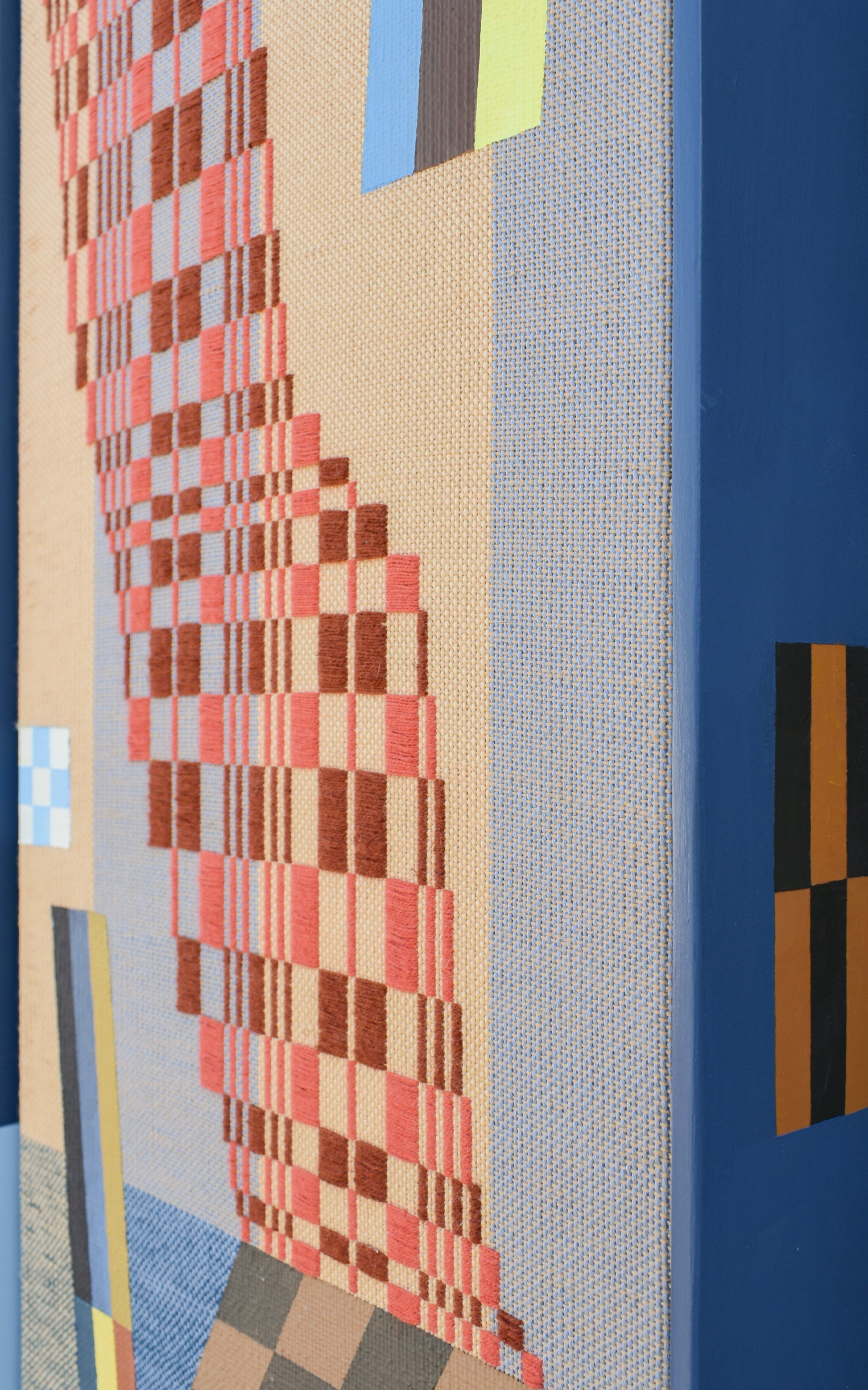 A Bit of a Stretch by Sarah Sullivan Sherrod — original acrylic on handwoven cotton and cotolin, 13×25 in, framed. Midnight Gallery.