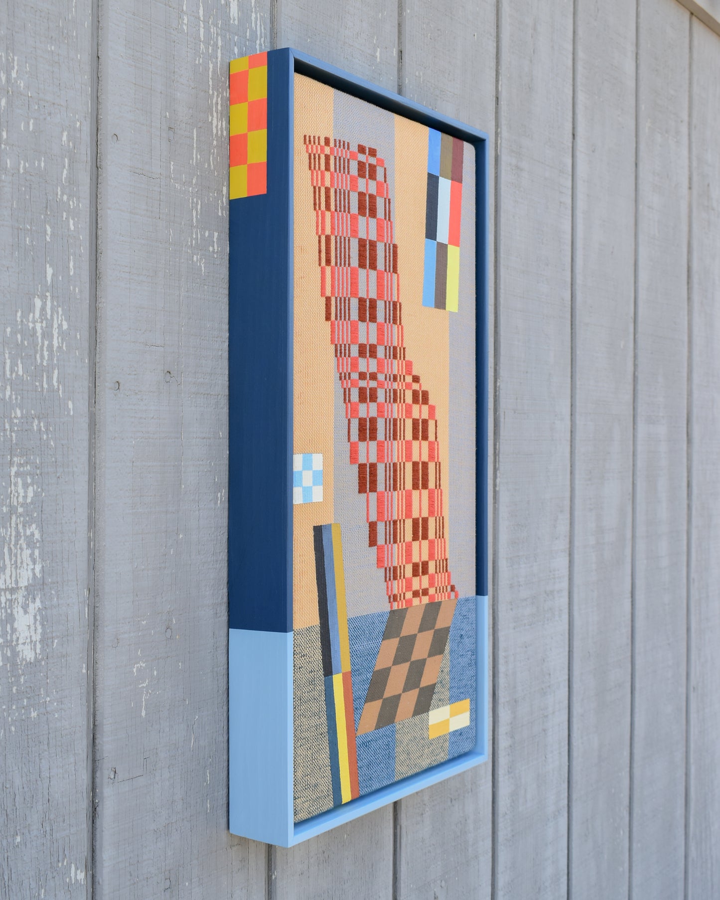 A Bit of a Stretch by Sarah Sullivan Sherrod — original acrylic on handwoven cotton and cotolin, 13×25 in, framed. Midnight Gallery.