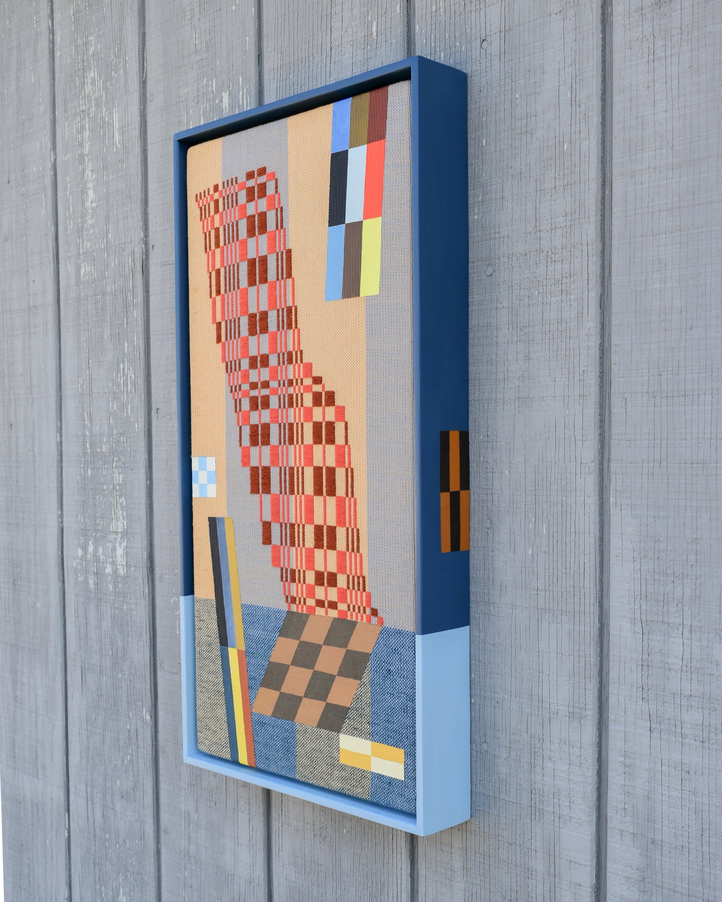 A Bit of a Stretch by Sarah Sullivan Sherrod — original acrylic on handwoven cotton and cotolin, 13×25 in, framed. Midnight Gallery.