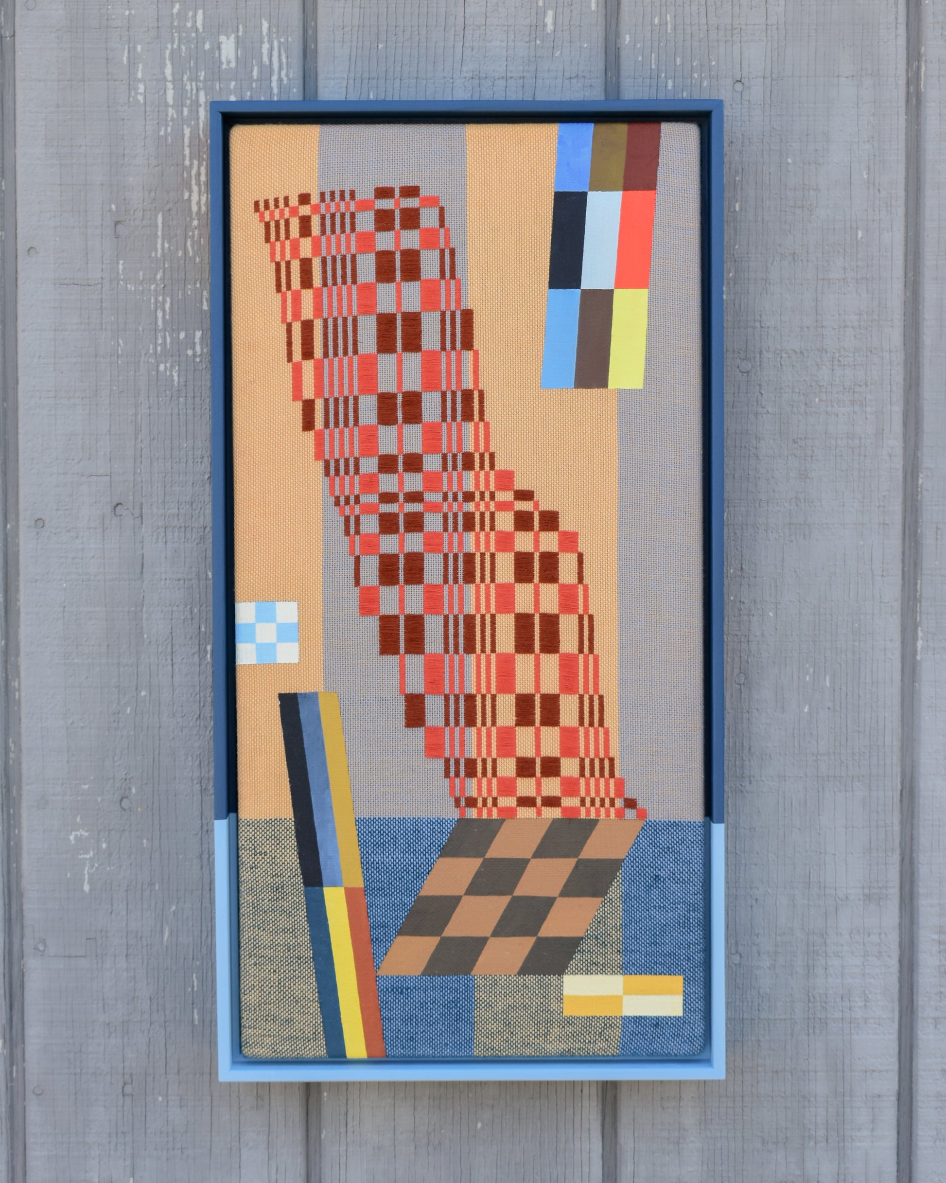 A Bit of a Stretch by Sarah Sullivan Sherrod — original acrylic on handwoven cotton and cotolin, 13×25 in, framed. Midnight Gallery.