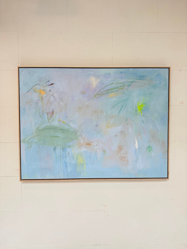 Airplane Mode by Jake Snowden — original acrylic on canvas, 36×48 in, framed. Midnight Gallery.