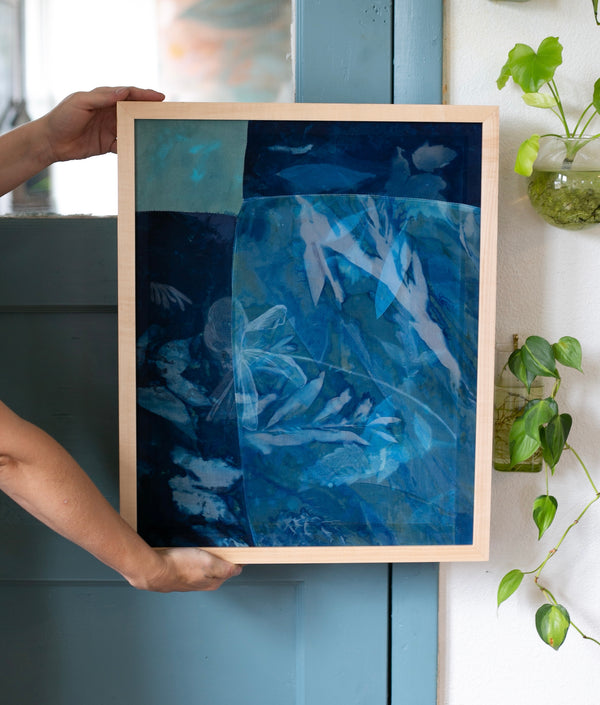Midnight Garden by Kristen Abbott — original cyanotype and mixed media on silk, 17×21 in, framed. Midnight Gallery.