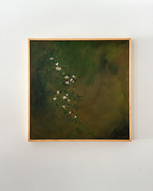 Canopy in Spring by Anee Shah — original oil on canvas, 20×20 in, framed in maple float frame. Midnight Gallery.