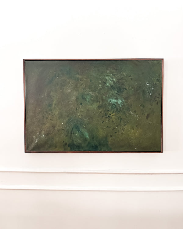 Canopy in Starlight by Anee Shah — original oil on canvas, 36×24 in, framed in maple float frame. Midnight Gallery.