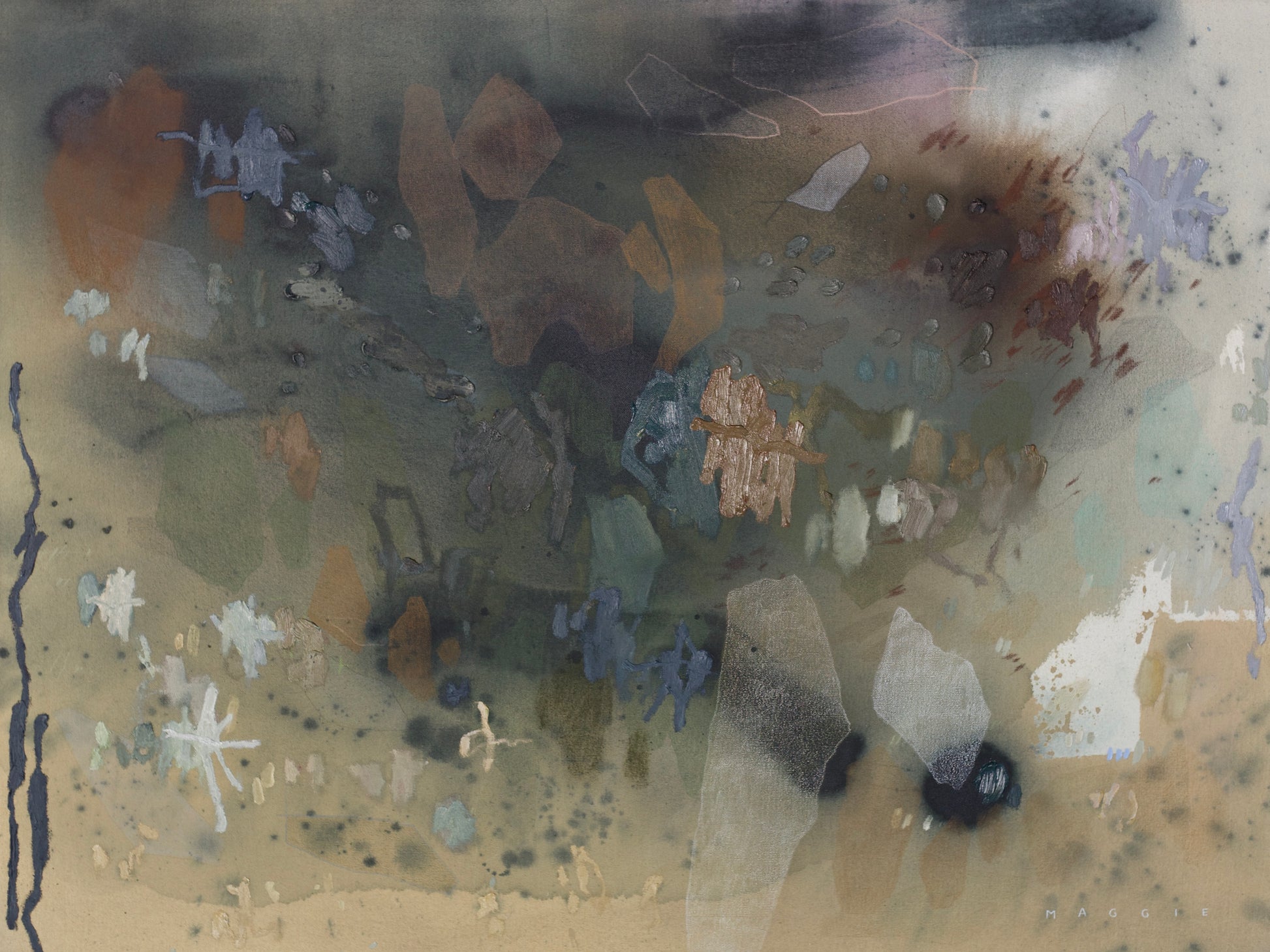 The Impossible Currency of Your Care №491 by Maggie Macdonald — original acrylic, oil, chalk pastel, oil pastel, graphite, and ink on unprimed canvas, 40×30 in, framed in handmade teak float frame. Midnight Gallery.
