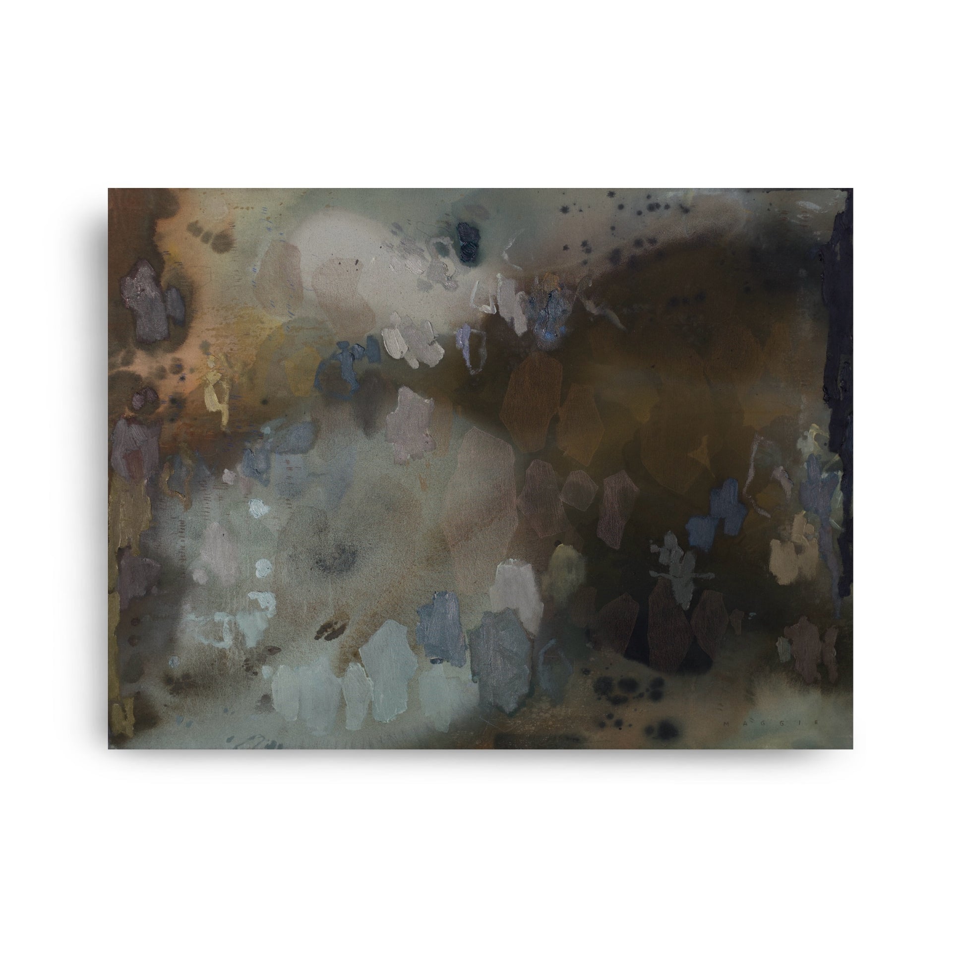 How Do I Find The Color To Communicate №492 by Maggie Macdonald — original acrylic, oil, chalk pastel, oil pastel, graphite, and ink on unprimed canvas, 40×30 in, framed in handmade teak float frame. Midnight Gallery.