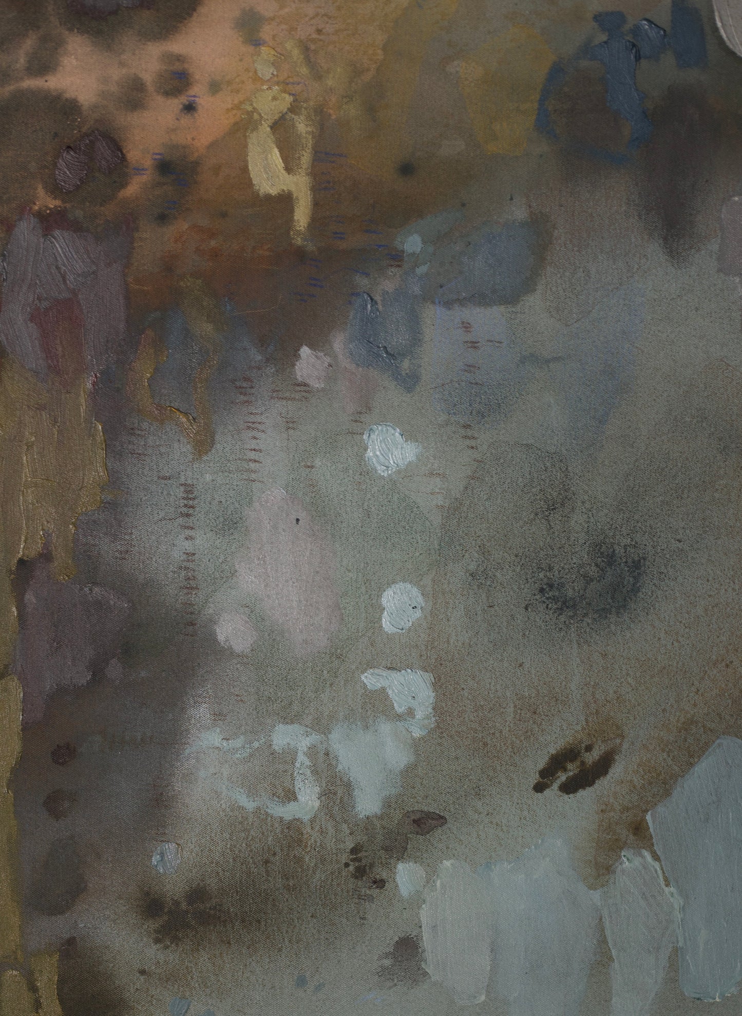 How Do I Find The Color To Communicate №492 by Maggie Macdonald — original acrylic, oil, chalk pastel, oil pastel, graphite, and ink on unprimed canvas, 40×30 in, framed in handmade teak float frame. Midnight Gallery.