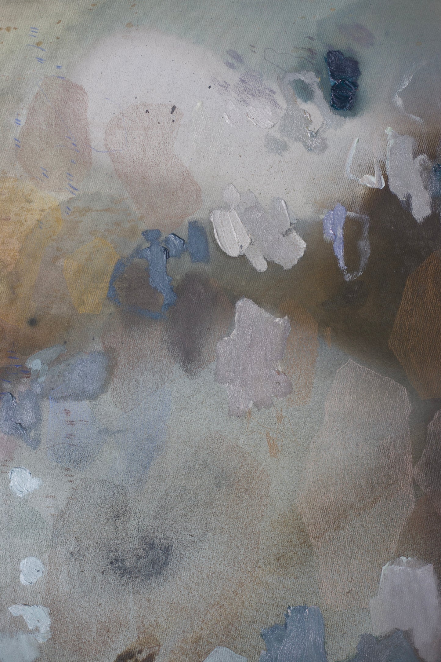 How Do I Find The Color To Communicate №492 by Maggie Macdonald — original acrylic, oil, chalk pastel, oil pastel, graphite, and ink on unprimed canvas, 40×30 in, framed in handmade teak float frame. Midnight Gallery.