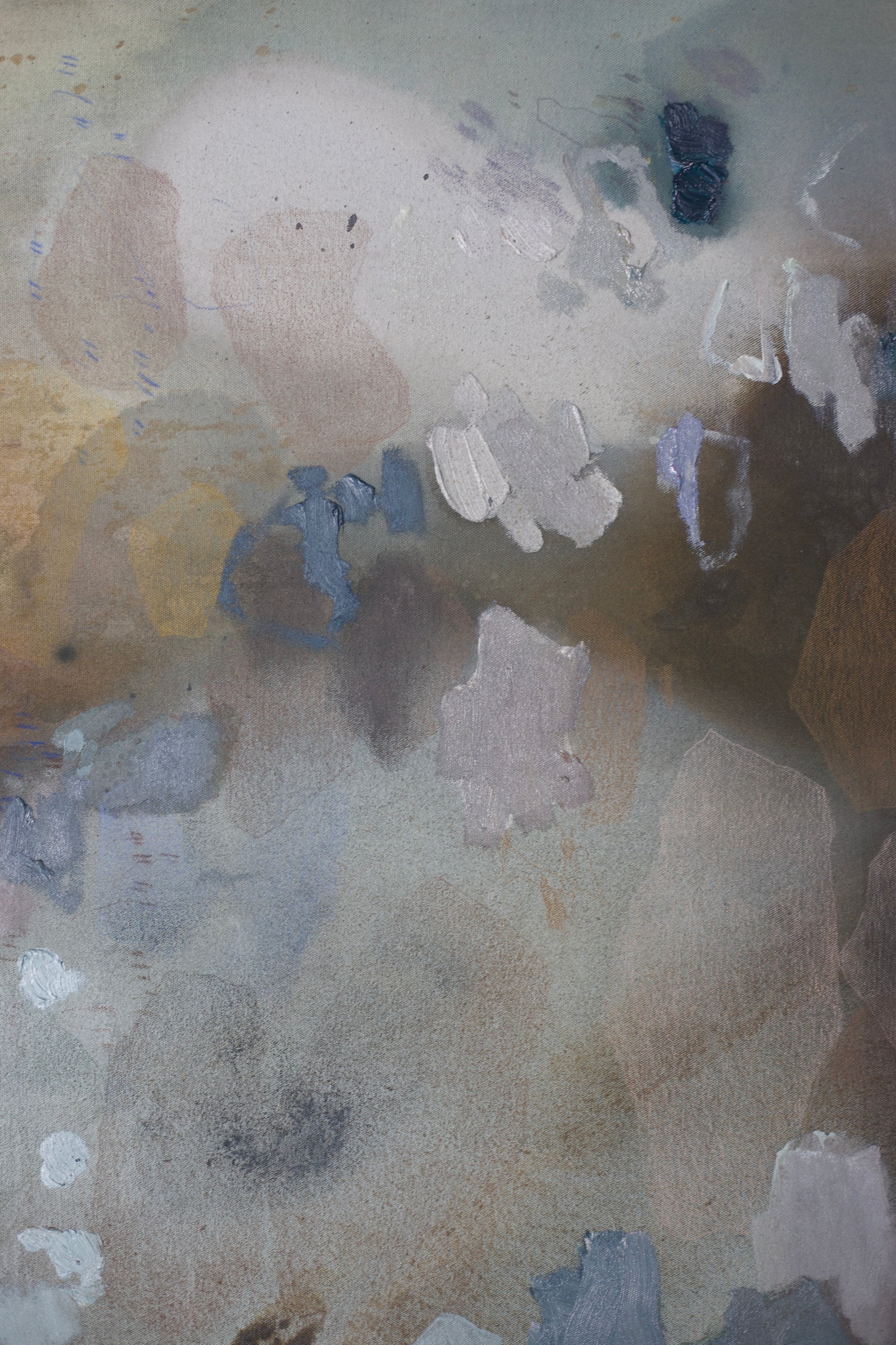 How Do I Find The Color To Communicate №492 by Maggie Macdonald — original acrylic, oil, chalk pastel, oil pastel, graphite, and ink on unprimed canvas, 40×30 in, framed in handmade teak float frame. Midnight Gallery.