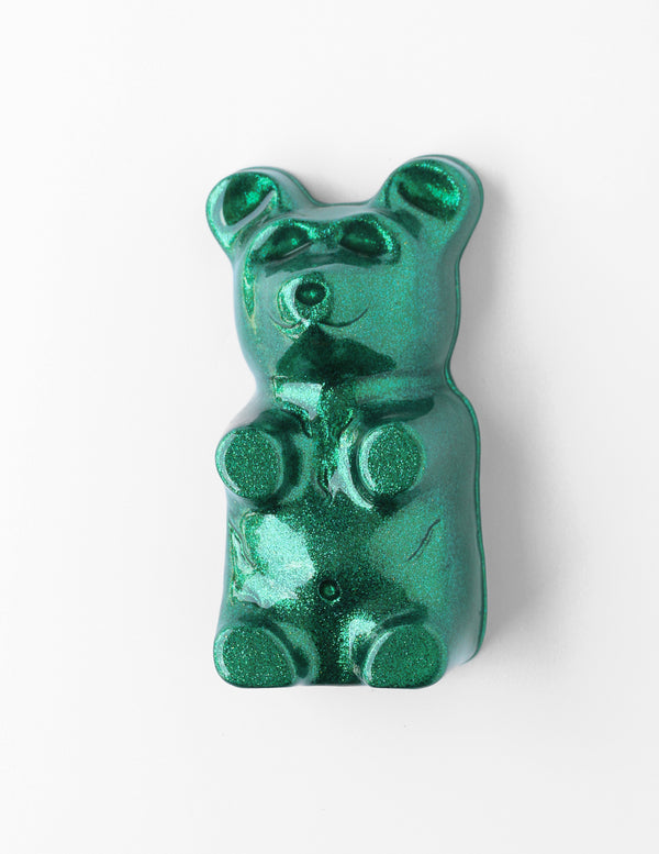Forest Green Gummy Bear by Olivia Bonilla — original plaster, automotive paint, and resin sculpture, 5×10×5 in. Midnight Gallery.