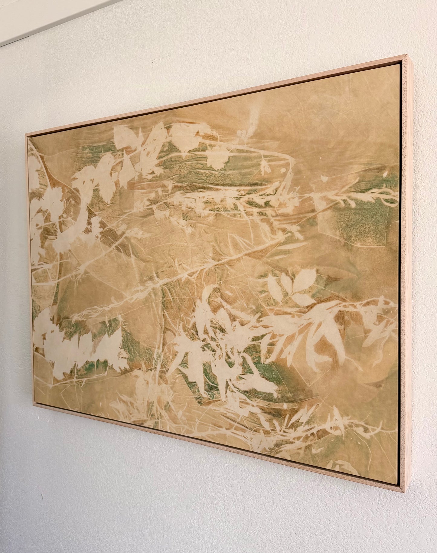 Forever Wild by Kristen Abbott — original cyanotype and mixed media on silk and cradled wood panel, 40×30×2 in, framed. Midnight Gallery.
