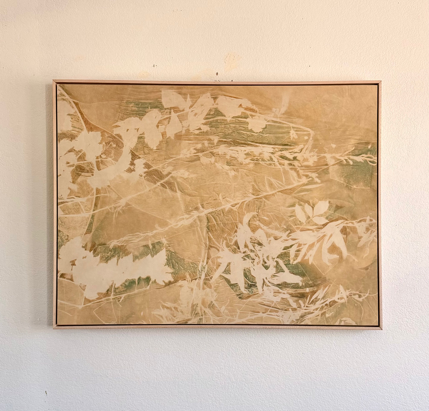 Forever Wild by Kristen Abbott — original cyanotype and mixed media on silk and cradled wood panel, 40×30×2 in, framed. Midnight Gallery.