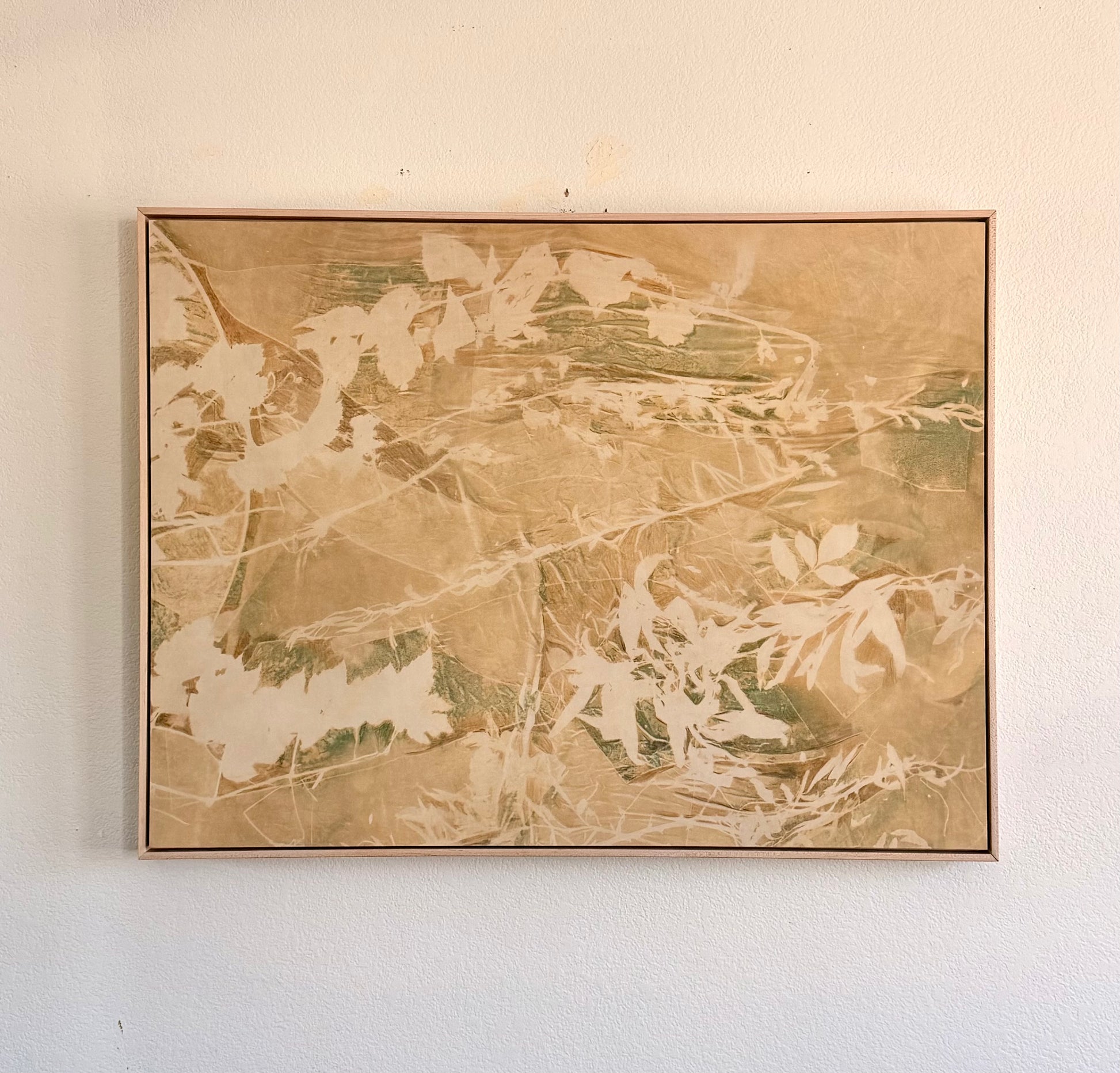 Forever Wild by Kristen Abbott — original cyanotype and mixed media on silk and cradled wood panel, 40×30×2 in, framed. Midnight Gallery.