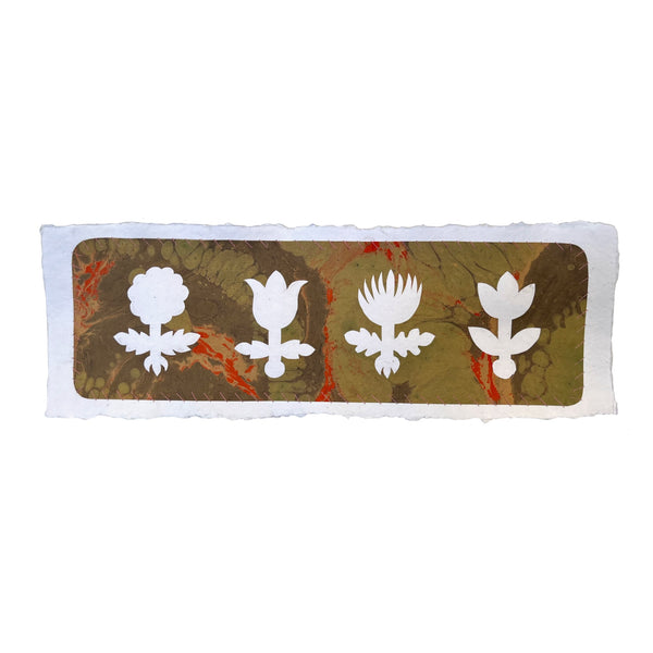 Four Flowers in Koi by Louisa Dunn — original collage on indigo paper, 18×6 in. Midnight Gallery.