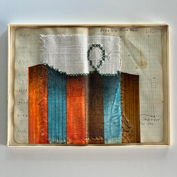 God. Ghost. Guru. by Robbie Austin — original mixed media on vintage tablecloth and field book paper, 10×8 in. Midnight Gallery.