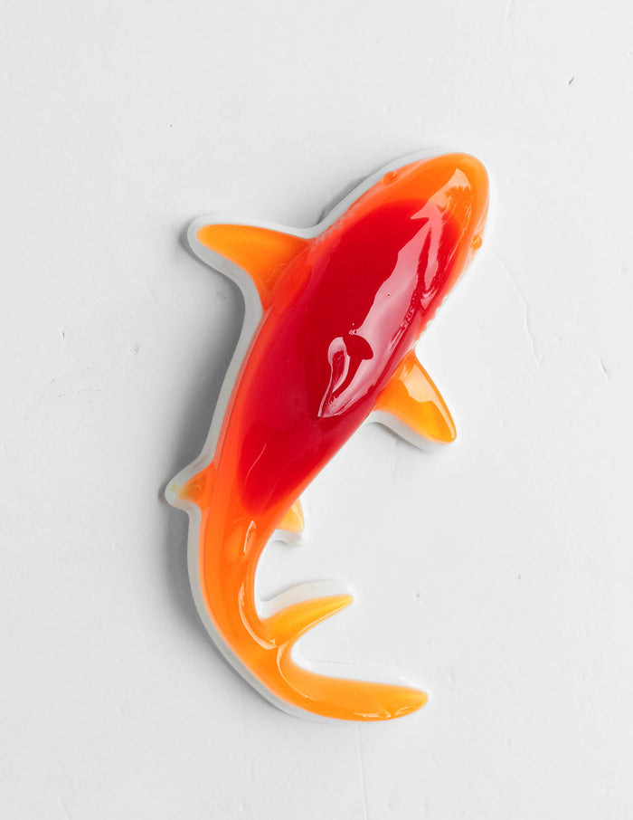 Gummy Shark in Tropical (Red and Orange) by Olivia Bonilla — original resin sculpture, 10×6×3 in. Midnight Gallery.