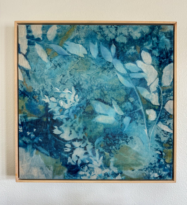 Healing From Within by Kristen Abbott — original cyanotype and mixed media on linen, 25×25 in, framed. Midnight Gallery.