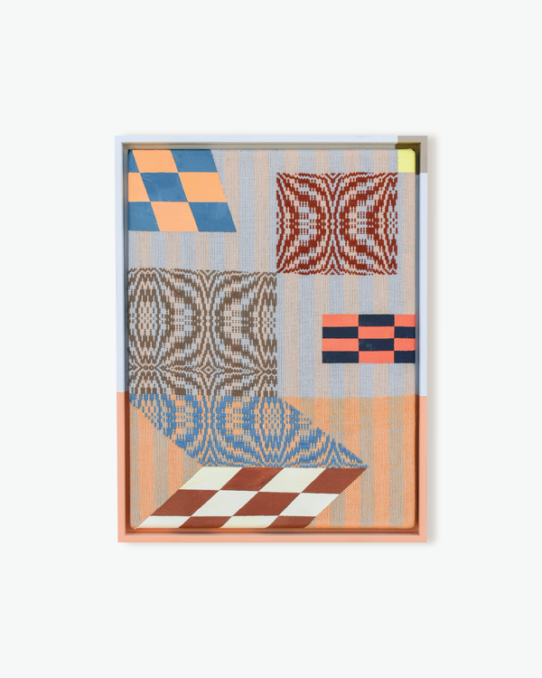 Hop Skip Jump by Sarah Sullivan Sherrod — original acrylic on handwoven cotton and cotolin, 13×17 in, framed. Midnight Gallery.