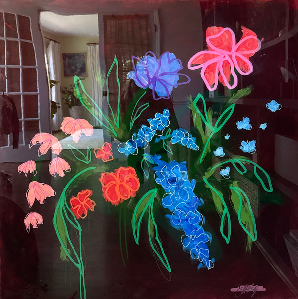 Solstice by Lauren Kelp — original resin and mixed media on wood panel, 36×36 in. Midnight Gallery.
