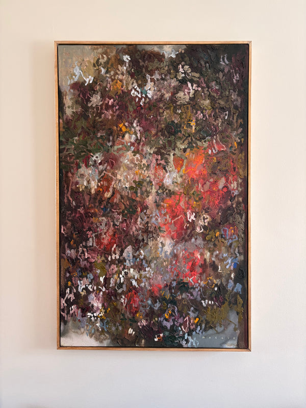 From the garden out back №422 by Maggie Macdonald — original acrylic, oil, chalk pastel, oil pastel, graphite, and ink on unprimed canvas, 30×48 in, framed in handmade pine floater frame. Midnight Gallery.