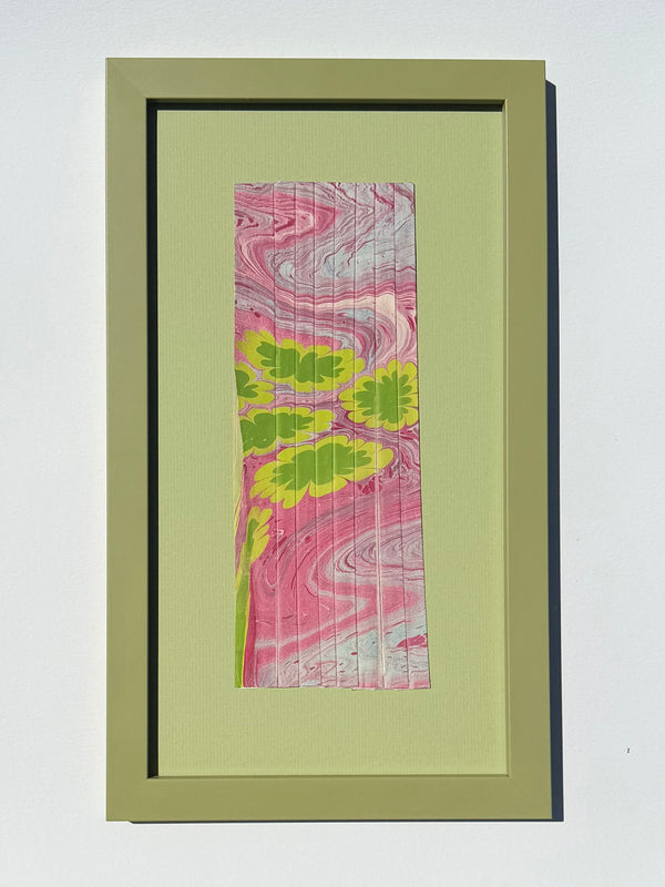 Framed Ebru Pleat II by Morgan Elvington Walker — original marbling on pleated newsprint paper, 4.25×11 in, framed. Midnight Gallery.