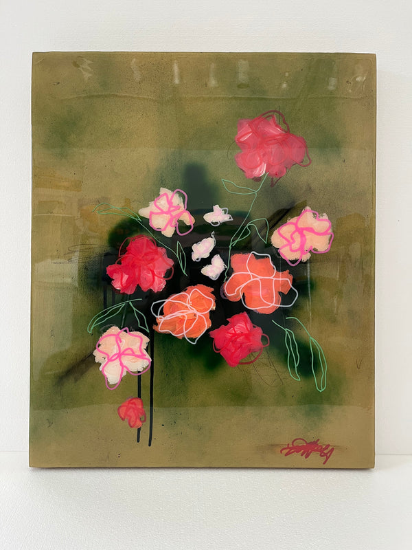 Golden Girl by Lauren Kelp — original spray paint and mixed media on cradled wood, 24×24 in. Midnight Gallery.