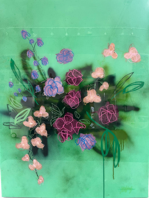 Printemps by Lauren Kelp — original spray paint and mixed media on cradled wood, 30×40 in. Midnight Gallery.
