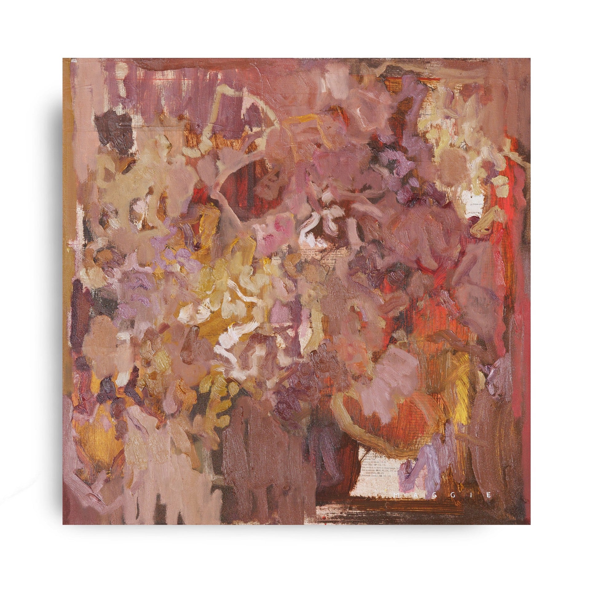 In Defense of a Heart Poured Out №460 by Maggie Macdonald — original acrylic, oil, chalk pastel, oil pastel, graphite, and ink on unprimed canvas, 24×24 in, framed in handmade teak float frame. Midnight Gallery.