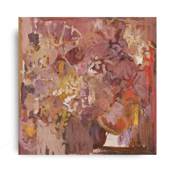 In Defense of a Heart Poured Out №460 by Maggie Macdonald — original acrylic, oil, chalk pastel, oil pastel, graphite, and ink on unprimed canvas, 24×24 in, framed in handmade teak float frame. Midnight Gallery.
