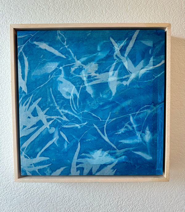 Invitation to Wonder VIII by Kristen Abbott — original cyanotype and mixed media on paper and silk, 13×13 in, framed. Midnight Gallery.