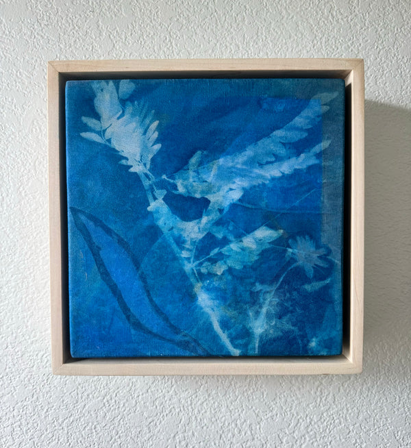Invitation to Wonder XV by Kristen Abbott — original cyanotype and mixed media on paper and silk, 9×9 in, framed. Midnight Gallery.