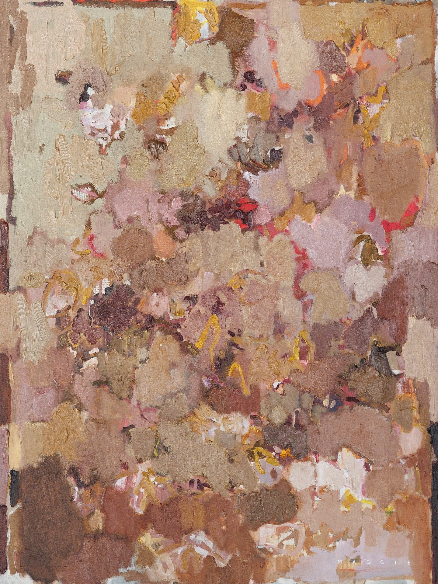 Love Could Sit Between us Quietly №457 by Maggie Macdonald — original acrylic, oil, chalk pastel, oil pastel, graphite, and ink on unprimed canvas, 30×40 in, framed in handmade teak float frame. Midnight Gallery.