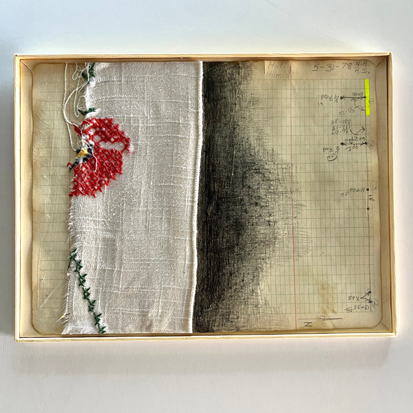 Lying Never Did Nobody No Good, No How, No How by Robbie Austin — original mixed media on vintage tablecloth and field book paper, 10×8 in. Midnight Gallery.