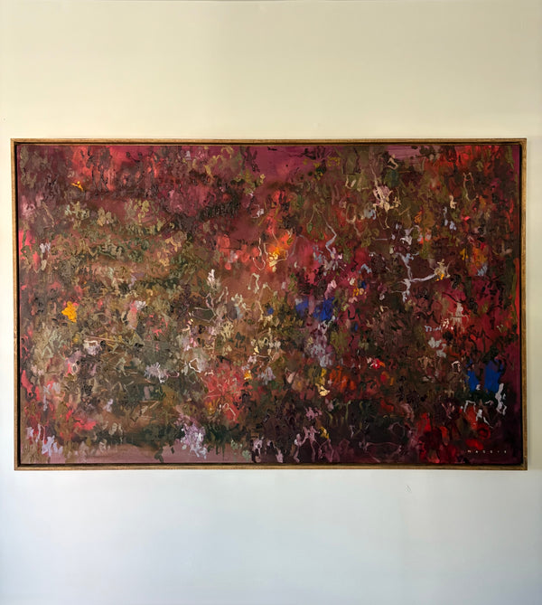 And then I asked - five more minutes? №421 by Maggie Macdonald — original acrylic, oil, chalk pastel, oil pastel, graphite, and ink on unprimed canvas, 66×42 in, framed in handmade pine floater frame. Midnight Gallery.