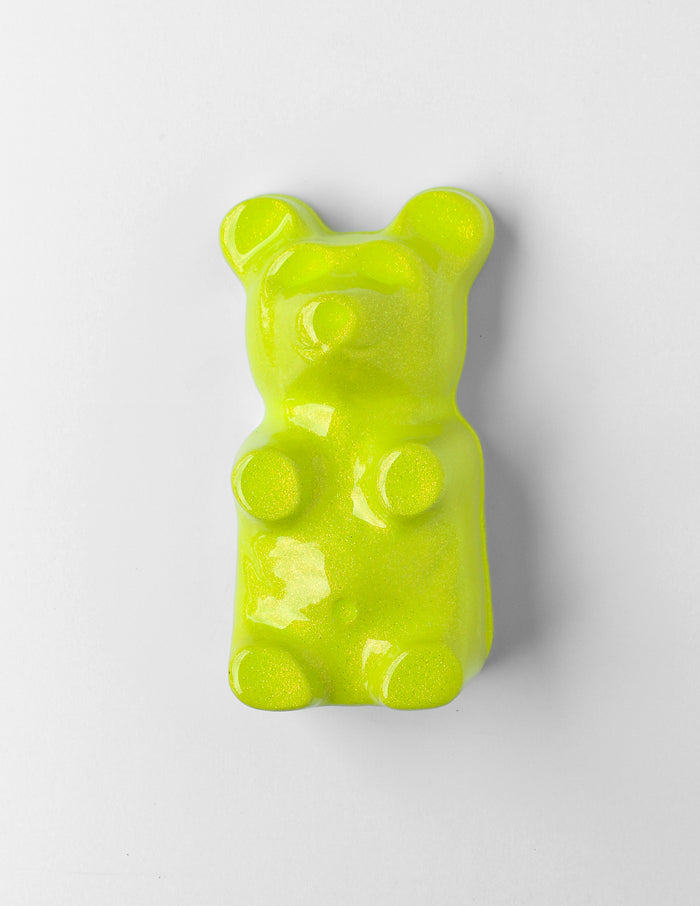Neon Lime Gummy Bear by Olivia Bonilla — original plaster, automotive paint, and resin sculpture, 5×10×5 in. Midnight Gallery.