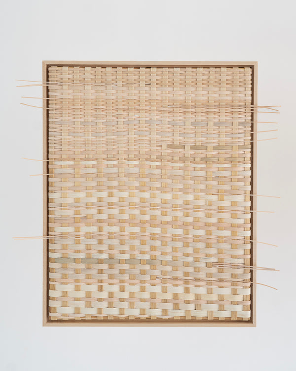 Plane I by Emily Ridings — original reed and tung oil, 16.5×20.5 in, framed in maple float frame. Midnight Gallery.