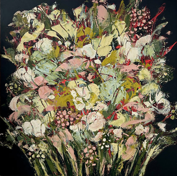 Anywhere With You by Sali Swalla — original oil and mixed media on cradled wood, 22×22 in. Midnight Gallery.