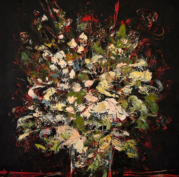 Midnight Memory by Sali Swalla — original oil and mixed media on cradled wood, 36×36 in. Midnight Gallery.