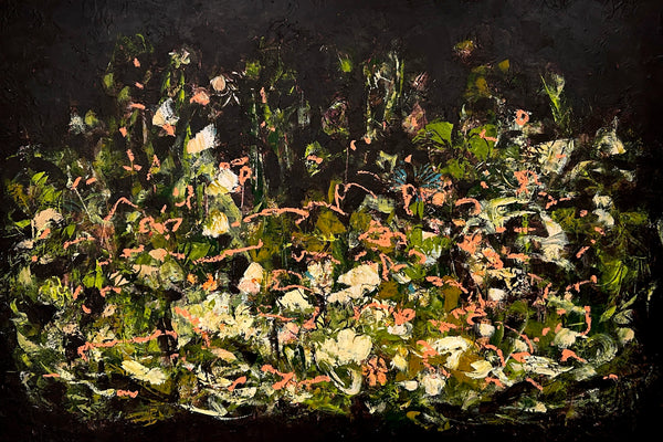 Nesting Place by Sali Swalla — original oil and mixed media on cradled wood, 42×28 in. Midnight Gallery.
