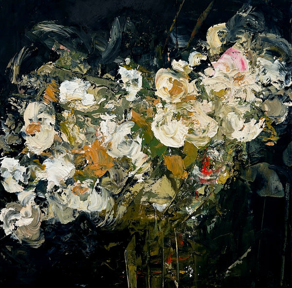 To Bloom by Sali Swalla — original oil and mixed media on cradled wood, 12×12 in. Midnight Gallery.