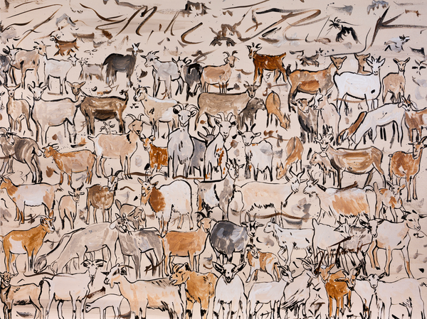 Playful Herd by Jasmine Elizabeth — original acrylic on canvas, 40×30 in, framed. Midnight Gallery.