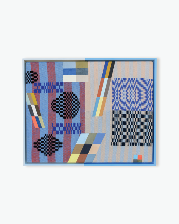Social Ladders by Sarah Sullivan Sherrod — original acrylic on handwoven cotton and cotolin, 21×17 in, framed. Midnight Gallery.